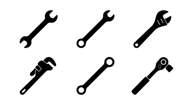 Wrench Icons Set, Mechanical Tools Collection, Plumbing Hardware Vector Graphics