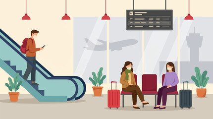 Flat vector illustration of airport scene with masked passengers