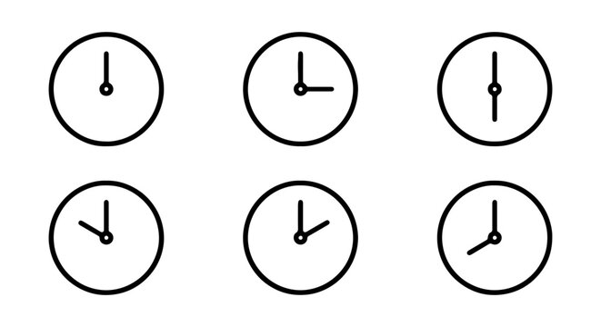 Minimalist Clock Icons Set, Time Display Vector Graphics, Simple Round Watch Faces