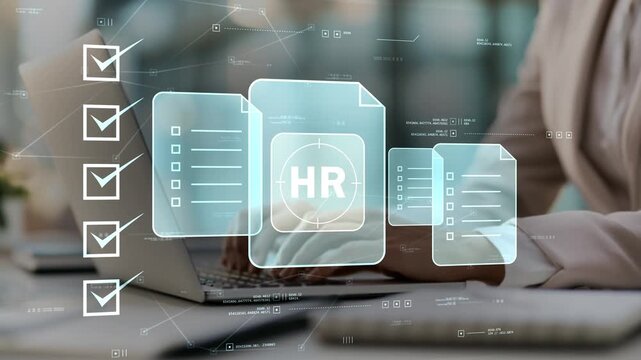 Female business professional managing digital recruitment process with HR target icon, hiring documents, candidate evaluation checklist and modern talent acquisition workflow