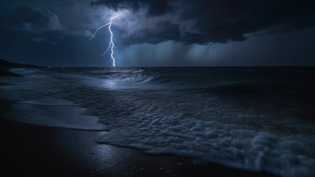 Striking lightning bolt illuminating clouds, ocean waves and wet sand from low storm cloud at night