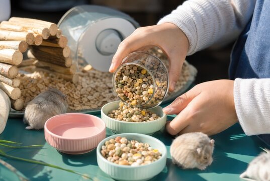 Person pouring nutritious dry food into small ceramic bowls for cute dwarf hamsters in cozy home setting, authentic pet care lifestyle, soft natural sunlight, close-up, high quality, vibrant colors
