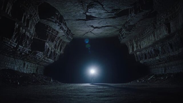Backlight activating, silhouetted man in dark coat moving forward in cavern, casting long shadow