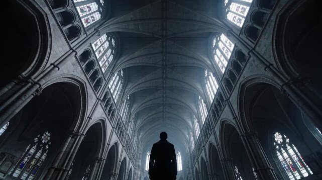 Low-angle camera tilting up, standing man in dark coat facing stained glass windows in nave