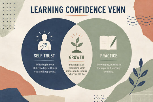 A graphic illustrating the Learning Confidence Venn diagram with three overlapping circles labeled Self Trust, Growth, and Practice.