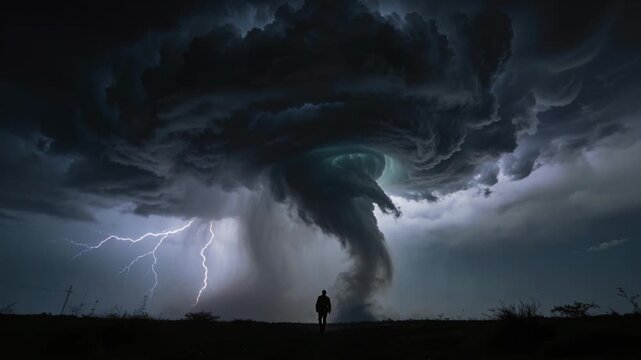 Walking man in dark coat moving toward storm on plain to watch funnel forming, lightning flashing