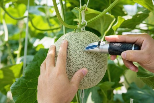 Farmer using a digital refractometer to measure sugar content of a fresh cantaloupe melon in a greenhouse, professional agricultural quality control, organic farming, sustainable food production.