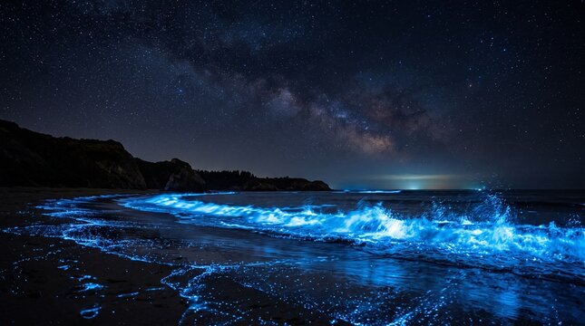 딥 미드나이트 블루 밤하늘 아래 빛나는 네온 시안 야광 파도와 완벽한 여백 스케이프
Neon Cyan Glowing Waves Under a Deep Midnight Blue Sky with Perfect Copy Space Scape