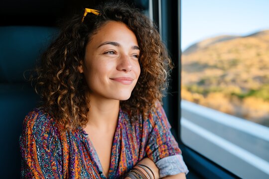 A woman with curly hair gazes out the window of a moving vehicle, enjoying scenic views during a road trip