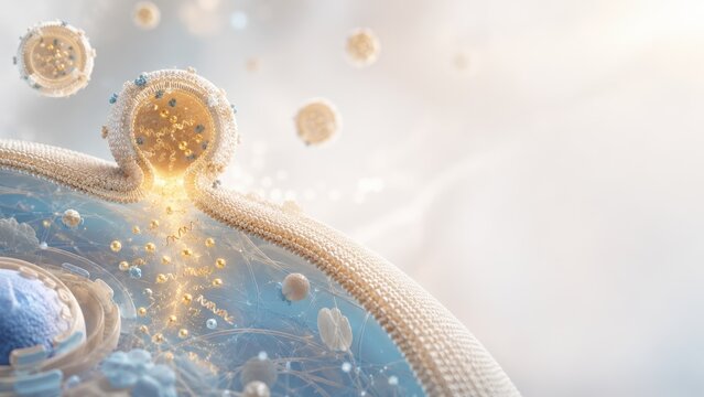 Detailed 3D illustration of cellular process showing particle transport through membrane with biological molecules