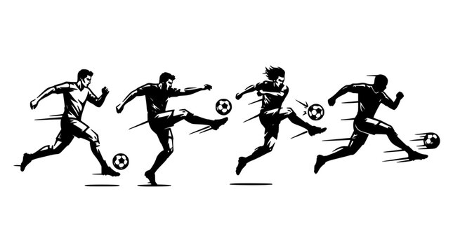 Soccer Players in Action Icon Set in Dynamic Silhouette Style with Ball, Sprinting Poses, and Sports Background Concept