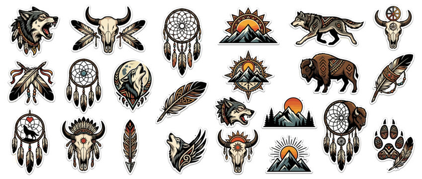 Native American Symbols: Wolf, Buffalo, Dreamcatcher, Skull, Feather