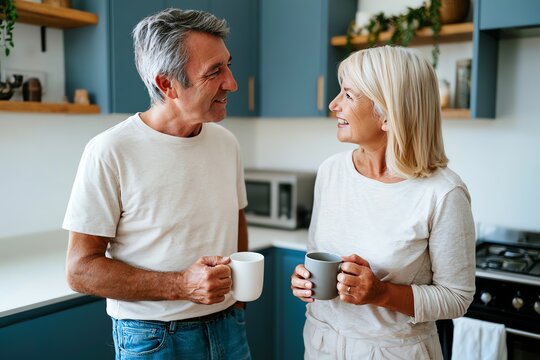 A happy senior couple enjoying coffee and conversation in their modern kitchen. They share a warm moment, exemplifying love and companionship in everyday life.