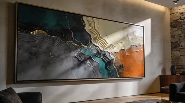 Sun entering right window casting shadows over framed abstract painting and console in living room