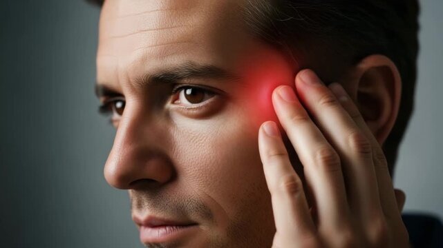 Man Enduring Severe Migraine A close up shot capturing a man holding his temple in intense pain with a glowing red highlight emphasizing the localized headache stress and discomfort