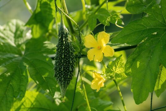 Fresh bitter melon hanging on vine with vibrant yellow flowers and lush green leaves in organic garden, close-up macro shot, healthy vegetable farming, natural sunlight, sustainable agriculture.