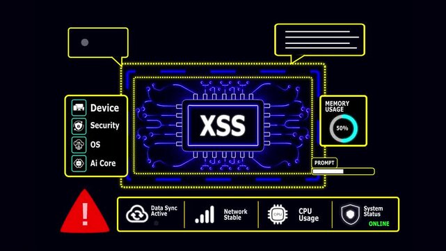 Digital Circuit Board with XS Warning Symbol and Chat Bubbles on Black Background cross site scripting with Cyber Security Dashboard Animation 4K.