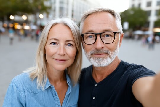 A mature couple smiling while taking a selfie outdoors, capturing a moment of happiness and connection in an urban setting