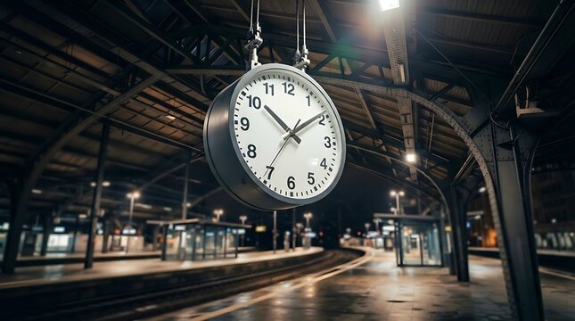 Modern round metal large train station clock hanging from a steel ceiling bathed in spotlight in the station platform at night time