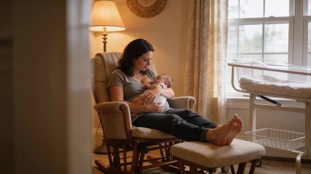 Rocking in glider chair woman in gray V-neck, dark pants reacting to infant stirring, cradling baby