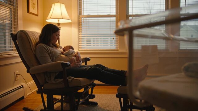 Cradling mother wearing cardigan rocking and soothing infant in nursery near glider lamp bassinet