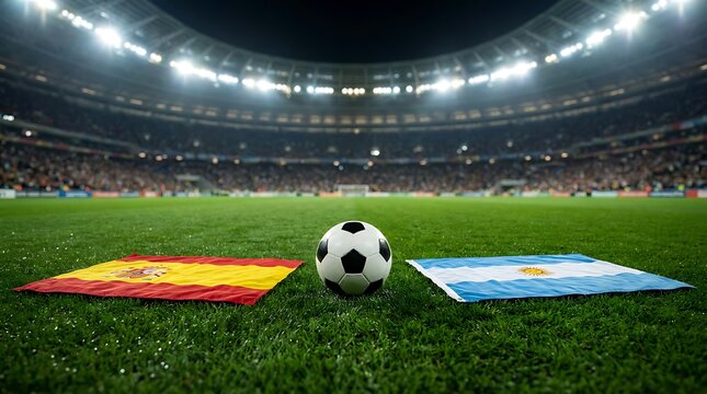 Two national flags, Spain and Argentina, on green soccer field with football ball between them stadium and blurred crowd in background at night under bright lights.