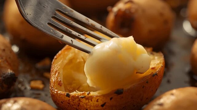 Pressing metal fork into halved potato with melted filling in pan, pulling filling for serving