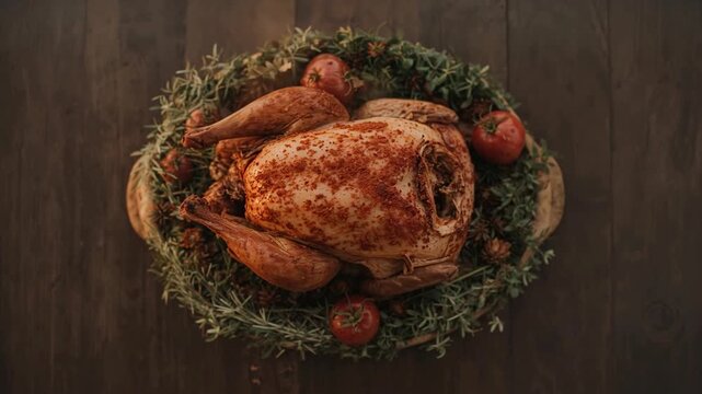 Frame opening showing camera framing whole roasted bird for staged serving presentation, with herbs