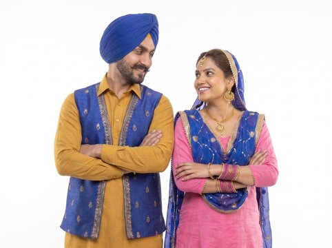 Smiling Punjabi Couple Looking at Each Other in Traditional Attire on White Background