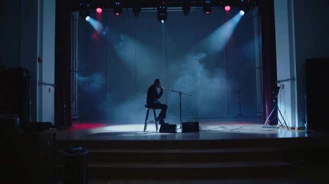 Pulling back camera revealing seated male singer in dark clothes, singing into mic on stage stool