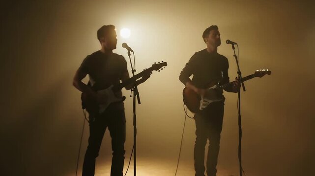 Camera pulling back, duo in dark shirts singing for session, strumming guitars near mics, backlit