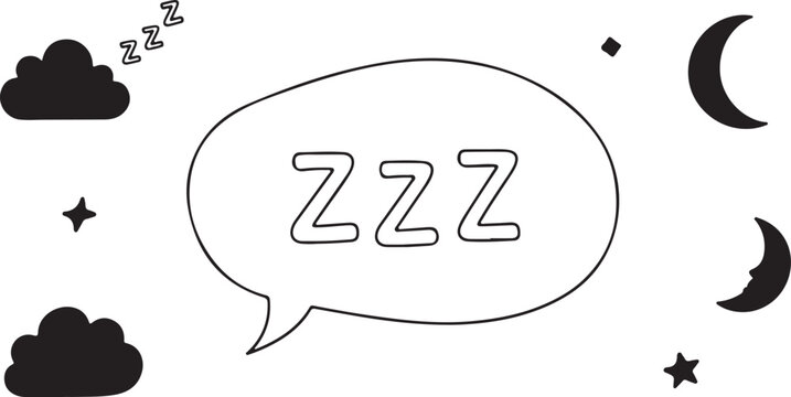 A whimsical black speech bubble graphic containing "ZZZ" lettering, surrounded by clouds, moons, and stars to symbolize sleep, rest, or dreaming.
