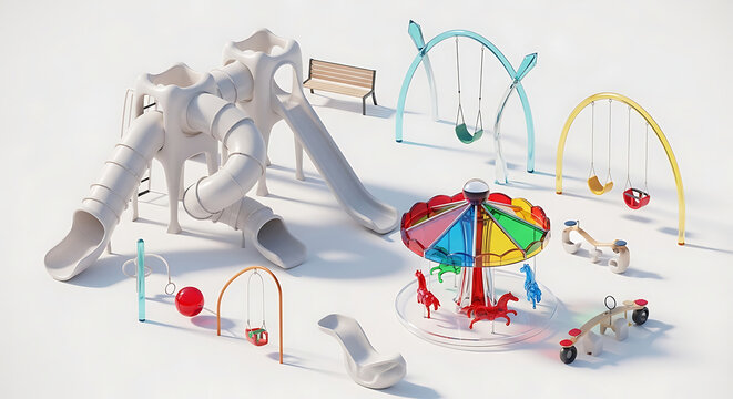 Modern playground clipart set featuring a white slide colorful swing carousel and seesaw 3D rendering for park design