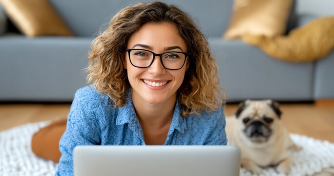 A cheerful person wearing glasses, working on a laptop at home with a pug by their side. Cozy living room setting. Casual and comfortable atmosphere for remote work or study.