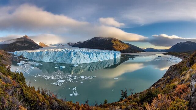 Glacier terrain reflections evolving sunlight shadows stretching across icy landscape cinematic view