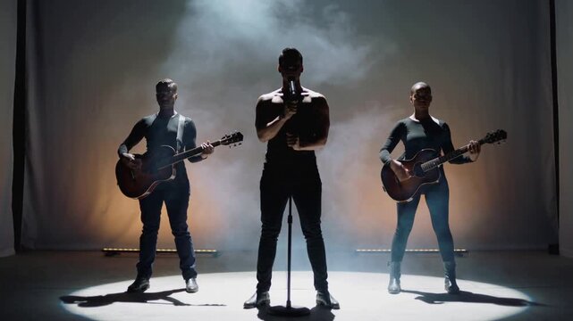 Walking singer planting mic stand into spotlight two guitarists stepping in strumming starting show