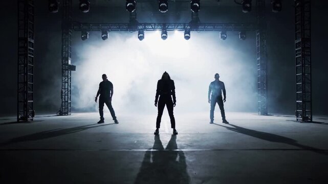 Posing center figure in studio in boots, flanks stepping out, backlight pulsing for reveal amid fog