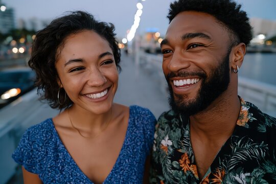 A happy couple enjoying a stroll on an evening bridge, capturing joyful moments together with vibrant smiles and a picturesque background.