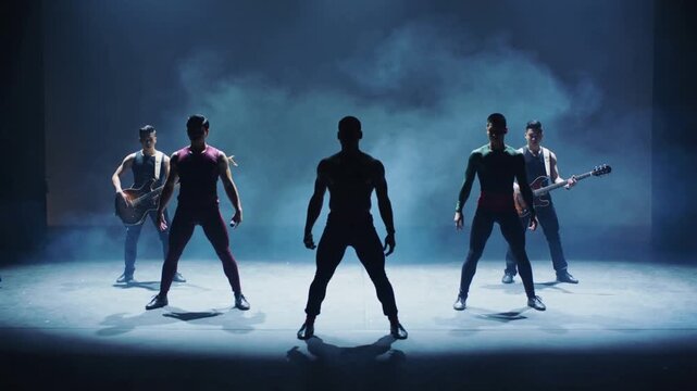 Reacting to spotlight cue, five performers performing choreography on stage with guitars, mics, fog