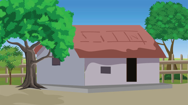 Rural landscape illustration highlighting a single clay house with a reddish-brown thatched roof positioned directly behind a large leafy tree in an Indian village.