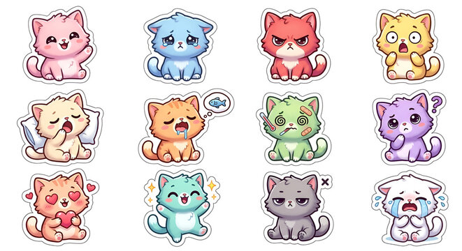 A set of 12 cute kawaii cat stickers with different emotions and colors. 
Includes happy pink cat, sad blue cat, angry red cat, surprised yellow cat, sleepy beige cat, hungry orange cat, sick green ca