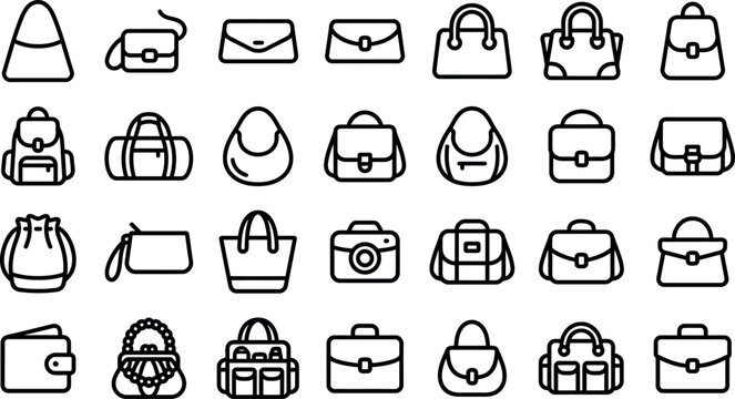 A comprehensive collection of twenty-four minimalist outline style icons representing various types of handbags, backpacks, wallets, and travel bags on a clean white background.