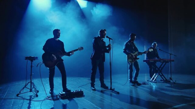 Lights cueing four-person band in dark coats performing on stage under blue haze, with mic stand