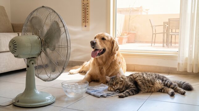 Pet Heat Protection, Dog Relaxing Beside Fan in Cozy Home Environment