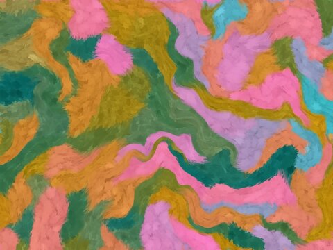 Vibrant swirls of pink, green, orange, and blue flow together. Abstract textures suggest movement and energy in a dreamlike scene. Soft, painterly strokes give the image a gentle, fluid feel