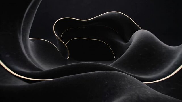 Rolling camera dolly revealing undulating rings in dark void, with gold seams guiding view inward
