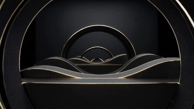 Moving camera revealing black ribbons on base in dark studio tunnel showing arches and gold edges