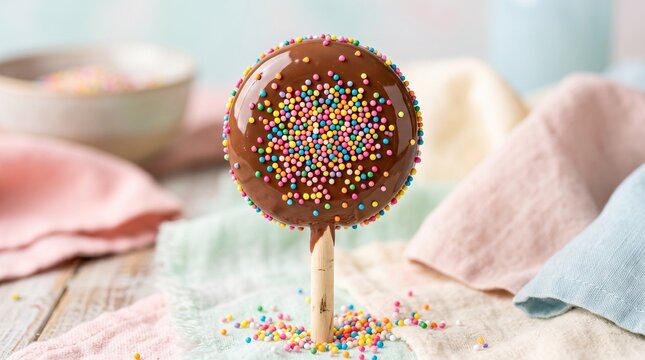 Colorful Chocolate Lollipop Decorated with Rainbow Sugar Sprinkles Premium Handmade Sweet Treat Ultra Realistic 16K