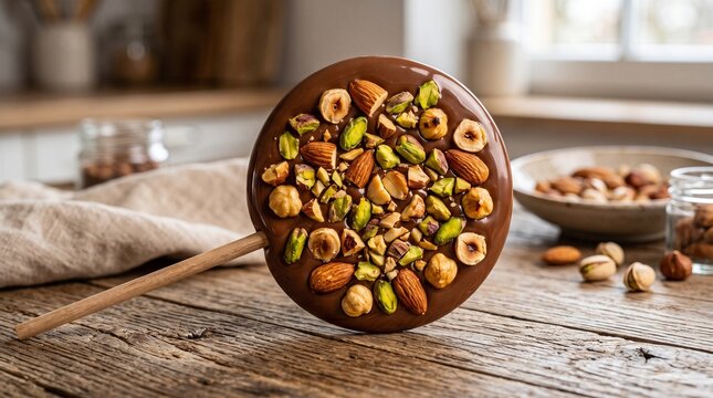 Handmade Chocolate Lollipop Topped with Roasted Almonds Pistachios and Hazelnuts Premium Dessert Ultra Realistic 16K