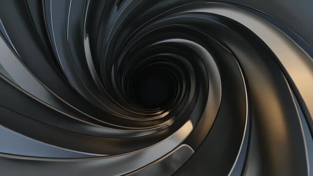 Rotating helix pulling camera dollying into metallic tunnel, revealing graphite vanes, central void